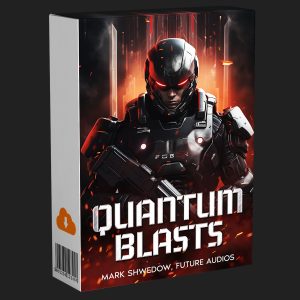 Software box showing a futuristic armored soldier in a helmet with red lights and fiery effects. Text: "Quantum Blasts," "Mark Shwedow, Future Audios.