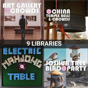 Collage with an art gallery, close-up of a large temple bell, mahjong table, and birds at feeders. Text: “AHA SOUND - Complete Collection,” each image labeled by sound theme.