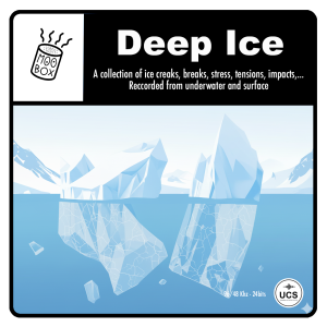 Large icebergs float in a cold blue sea beneath a pale sky. "Deep Ice" label describes recorded ice sounds; logos in two corners.