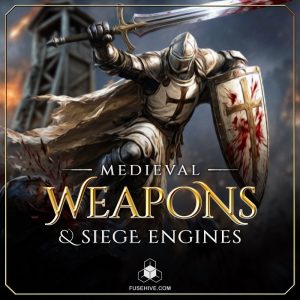 A knight in armor holding a blood-stained shield raises a sword during battle, with a siege tower visible in the background. The text "Medieval Weapons & Siege Engines" is displayed.