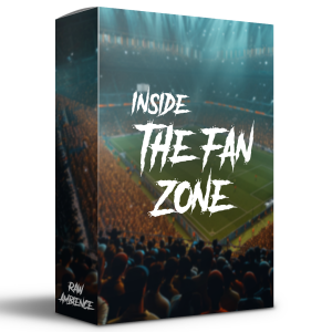 3D-rendered box displaying a crowded stadium with cheering fans and illuminated soccer field; box text reads "Inside The Fan Zone." Logo "Raw Ambience" in bottom left.