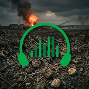 A war-torn landscape features a fiery explosion in the distance, with debris and bullet casings scattered on the ground. In the foreground, a green audio headset with a soundwave icon is overlayed.