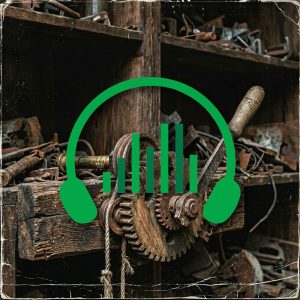 A green headphone and soundwave icon overlays close-up old mechanical gears and woodworking tools on shelves in a rustic workshop.