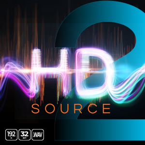 Neon “HD Source 2” text is displayed above colorful sound wave graphics, with 192k, 32bit, and .WAV icons aligned at the bottom on a black background.