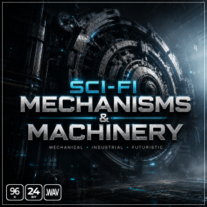 A metallic sci-fi door with glowing blue light frames the text: “SCI-FI MECHANISMS & MACHINERY, Mechanical, Industrial, Futuristic.” Icons indicate 96K, 24BIT, .WAV. The background is dark and industrial.
