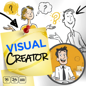 Cartoon figures with question marks above their heads, accompanied by a sticky note labeled “Visual Creator.” An inset features a smiling man sitting at a desk, and icons for audio settings are displayed below.
