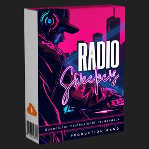 Product box featuring neon artwork of a DJ with headphones playing music. The text on the box reads “RADIO Sweepers,” “Sounds for Professional Broadcasts,” and “PRODUCTION GANG.” A barcode appears on the side of the packaging.