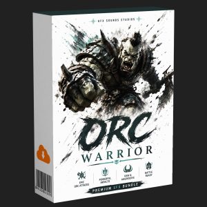 A software box featuring an armored orc warrior roaring and punching forward. The text on the box reads: “ORC WARRIOR. Premium SFX Bundle.” Several icons and features are displayed along the bottom edge.