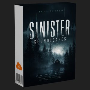 Box art for “Sinister Soundscapes” by Miloš Petković, showing a dark forest scene with ghostly trees shrouded in mist and a small house emitting a soft glow. The design creates an unsettling, horror-themed mood.
