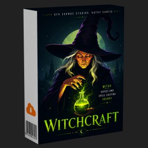A software box featuring an illustration of an old witch wearing a hat and holding a glowing green potion. The box displays the title “Witchcraft: Voices and Spell-Casting Sounds” by GFX Sounds Studios, Kathy Curtis.