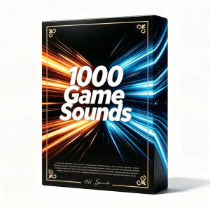 A box labeled “1000 Game Sounds” displays bold white text set against intersecting orange and blue light streaks on a black background, with gold border accents.