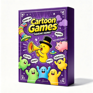 A purple box labeled “Cartoon Games” displays cartoon animals and characters producing sounds such as “Honk!” and “Mooo!”. A top-hatted creature blows a horn, with stars and burst shapes in the background.