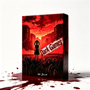 Board game box titled “Dark Games” featuring a silhouette of a girl standing in tall grass, set against dark city buildings and a blood-red sky. Blood drips from the top of the image and pools below the box.