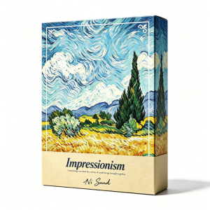 A game box displaying a Van Gogh-style painting of a wheat field with cypress trees and a swirling sky, titled “Impressionism.” The bottom section is beige and includes a quote and signature.