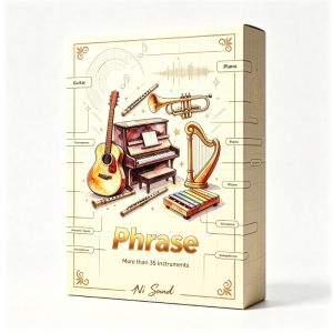 A product box labeled “Phrase” displays illustrations of musical instruments including a guitar, harp, piano, trumpet, and xylophone. The box features the text “More than 35 instruments” and the brand name “Ni Sound.”.