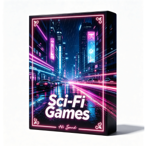 Product box featuring futuristic city artwork illuminated with neon pink and blue lights. The front displays the text “Sci-Fi Games” and “Ni Sound”. The cityscape depicts tall buildings and rainy streets.