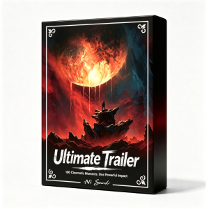 A product box labeled “Ultimate Trailer” featuring artwork of a red-orange explosion and dark, jagged peaks. Text on the box reads: “100 Cinematic Moments. One Powerful Impact. Ni Sand.”.