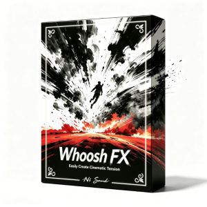 A software box with black and red brush strokes and a silhouette figure leaping forward. The text on the box reads: “Whoosh FX - Easily Create Cinematic Tension - NI Sound.”.