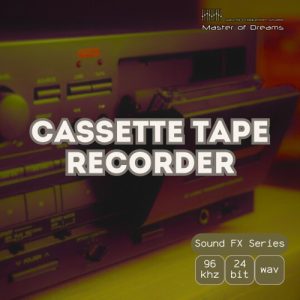 Vintage cassette tape recorder with open tape deck, featuring bold text “Cassette Tape Recorder,” audio specifications, and a “Master of Dreams” label.