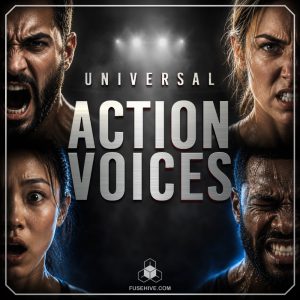 Four faces—two men and two women—showing strong emotions positioned around the text “UNIVERSAL ACTION VOICES” against a dark background. The FuseHive.com logo is present at the bottom.