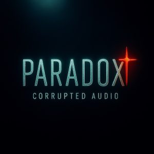 The words “PARADOX” appear in large, neon-style letters with the X glowing orange. Below, “CORRUPTED AUDIO” is written in smaller text. The background is dark.
