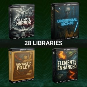 Four audio library boxes—Ultimate Horror, Universal Sci-Fi, Fantastic Foley, and Elements Enhanced—from the Mega SFX Bundle displayed on a green background with “22 Libraries” written across the center.