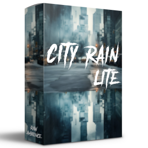 A product box labeled “City Rain Lite” displayed against a blurred cityscape background with wet streets, indicating a rain sound ambiance. The words “Rain Ambience” are shown in smaller text at the bottom left corner.