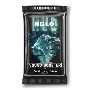 A black packet labeled “HOLO Sound Booster” displays a digital bird head graphic with a futuristic style. Below the label, text reads “24bit,” “UCS,” and “96khz,” accompanied by circuit-like patterns and a technology-inspired design.