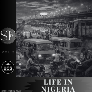 A busy street in Nigeria with vans, people, and market stalls under a bridge during heavy rain. The scene is black and white, labeled “Life in Nigeria,” with music album branding and technical details visible.