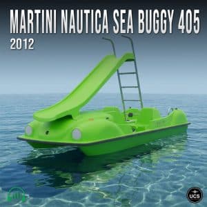 A bright green pedal boat with a slide and ladder, marked “Martini Nautica Sea Buggy 405, 2012,” floats on clear water beneath a blue sky.
