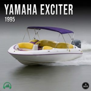 A 1995 Yamaha Exciter speedboat with yellow and white seats and a purple canopy moves across the water, viewed from the side.