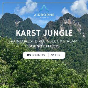 Lush green jungle with tall karst mountains beneath a blue sky, accompanied by text advertising “Airborne Sound Karst Jungle” rainforest sound effects, featuring 83 sounds and 10 GB of audio.