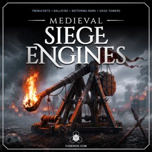 A large wooden trebuchet holds a flaming projectile, with a burning city visible in the background. The main text displays “Medieval Siege Engines,” accompanied by smaller text listing various types of siege engines.