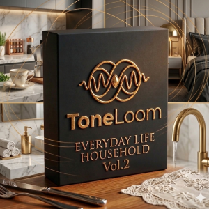 ToneLoom “Everyday Life Household Vol. 2” box on a kitchen counter, surrounded by gold accents, dishes, a running faucet, and elegant decor in the background.