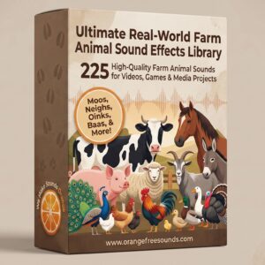 A box labeled “Ultimate Real-World Farm Animal Sound Effects Library” displays illustrations of various farm animals and advertises a collection of 225 sound effects for use in videos, games, and media projects.