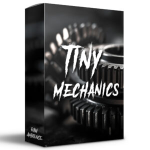 Product box featuring the text “Tiny Mechanics” in bold white letters over a background of close-up metal gears. The lower left corner displays “RAW AMBIENCE.” The design has a dark, industrial aesthetic.