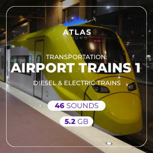 Transportation: Airport Trains 1, colored yellow and white, sit at an airport station platform.