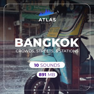 A three-wheeled tuk-tuk sits on a wet street in Bangkok from Crowds, Streets, & Stations.