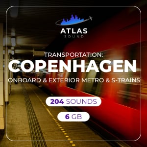 A red train from the Transportation - Copenhagen collection speeds through a station at night with text overlay.