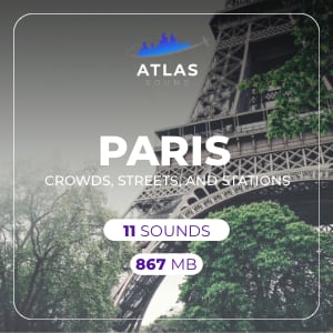 Eiffel Tower text overlay for Paris featuring 11 crowd, street, and station sounds totaling 867 MB.