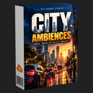 City Ambiences Sounds 250+ Urban Sound Effects box art depicts a bustling urban street with cars at sunset.