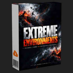 Extreme Environments Disaster Sound Effects product box art shows volcanic eruptions and storm clouds.