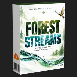 Forest Streams SFX Bundle product box features nature ambience for rivers, forests, rain and wildlife with forest landscape imagery.