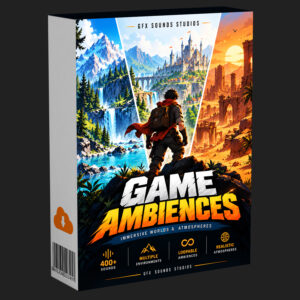 A traveler stands before a landscape of mountain waterfalls, stone castles, and desert ruins in Game Ambiences SFX Bundle.