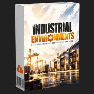 Box art for Industrial Environments Sounds featuring a shipping port, factory, heavy machinery, and warehouse industrial ambiences.