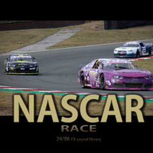 Three stock cars racing on an asphalt track with the text “NASCAR RACE 24/96 FX sound library” overlaid at the bottom.