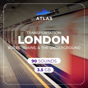 A London Underground train from Transportation - London speeds through a station, displaying text identifying transportation sound recordings.