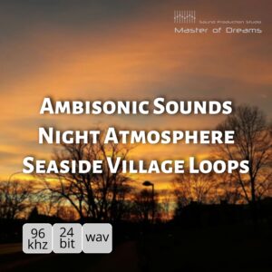 Trees and a lamp post silhouette sunset over Ambisonic Sounds - Night Atmosphere Seaside Village Loops text.