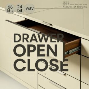 A cream-colored cabinet with an open wooden drawer features the text Drawer Open Close.