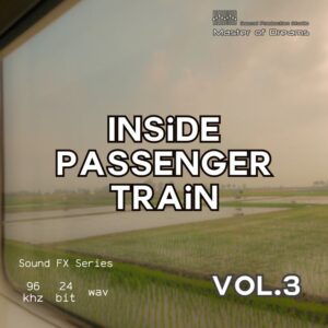 Inside Passenger Train Vol.3 window view showing a landscape of fields at twilight.